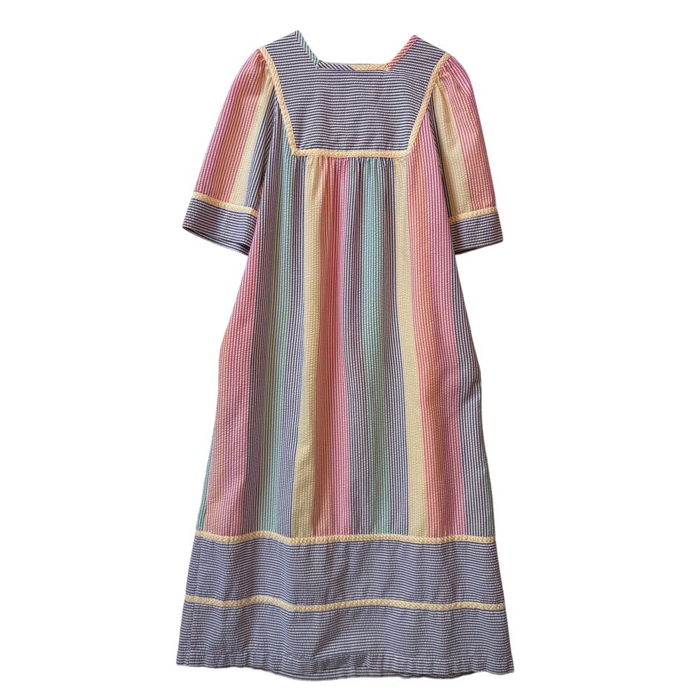 Seersucker House Dress Nightgown Size Rainbow Stripes Summer Lightweight - Picture 8 of 10